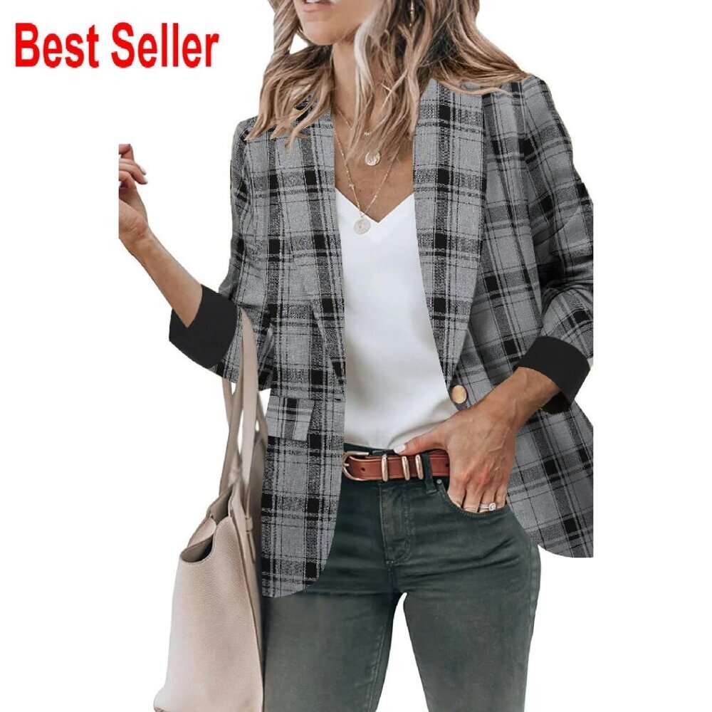 Open Front Blazer Jacket Classic Work Office Casual Long Sleeve with Pockets